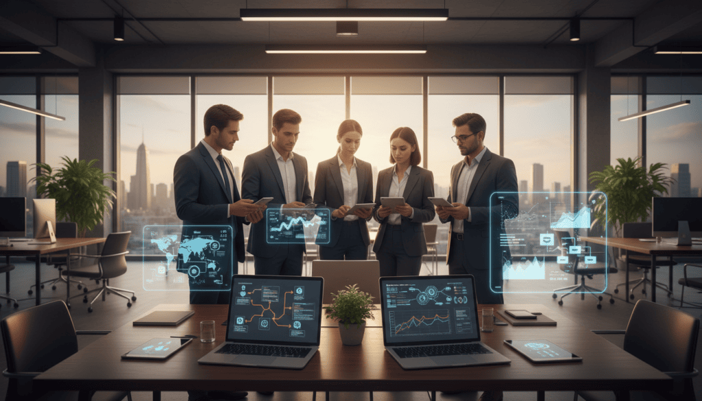 Futuristic office technology with team.