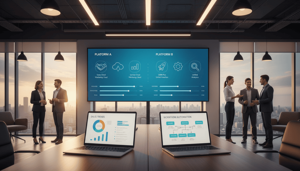 Modern conference room with digital screens and laptops.