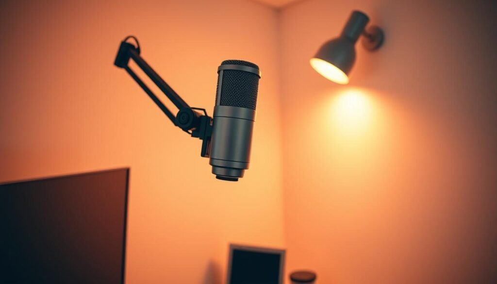 Cinematic close-up of a professional microphone mounted securely in a tight office corner. The minimalist setup features a sleek adjustable boom arm seamlessly integrated into the modern workspace. Warm, directional lighting from a softbox illuminates the scene, highlighting the metallic accents and clean lines of the high-quality audio equipment. The microphone appears poised, ready to capture pristine vocals in this intimate, productivity-focused environment. An atmosphere of focused professionalism pervades the scene, conveying the essential tools required for effective voice acting in a compact space. Cinematic close-up of a professional microphone mounted securely in a tight office corner. The minimalist setup features a sleek adjustable boom arm seamlessly integrated into the modern workspace. Warm, directional lighting from a softbox illuminates the scene, highlighting the metallic accents and clean lines of the high-quality audio equipment. The microphone appears poised, ready to capture pristine vocals in this intimate, productivity-focused environment. An atmosphere of focused professionalism pervades the scene, conveying the essential tools required for effective voice acting in a compact space.