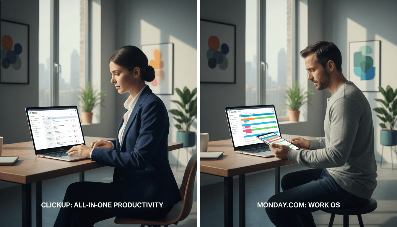 Productivity software on laptop and tablet.
