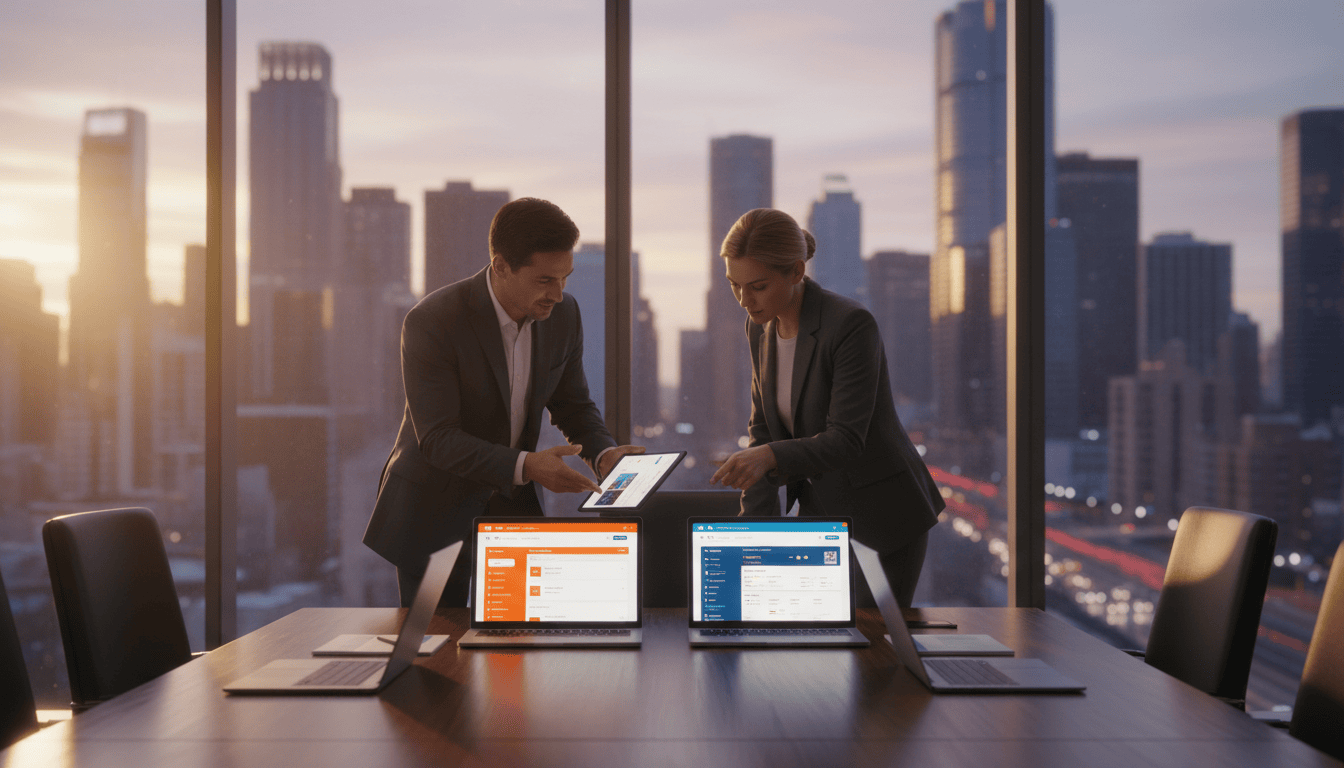 Business professionals discussing strategies in a sleek office with city skyline backdrop.