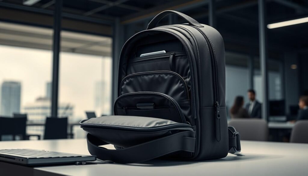 Versatile black travel backpack.