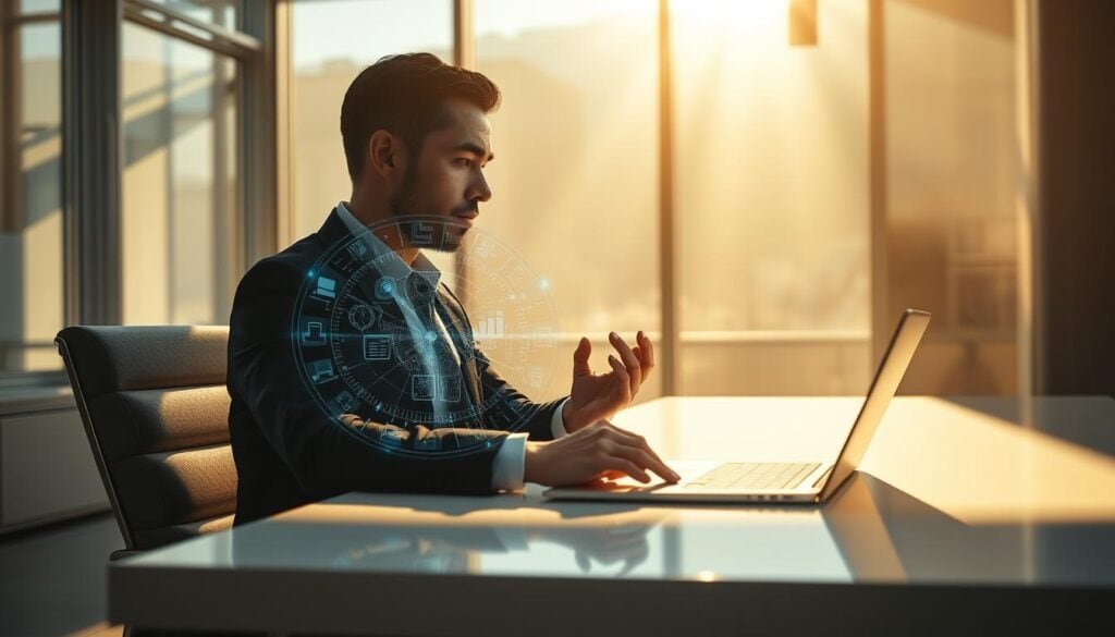 Photorealistic business executive, seated at a sleek, minimalist desk in a modern, well-lit office. Sunlight streams in through large windows, casting warm, cinematic shadows across the space. The executive is deep in thought, brow furrowed, fingers steepled, as they ponder an intricate problem on a holographic display before them. The atmosphere is one of focused, innovative problem-solving, the air charged with the potential for groundbreaking solutions. Detailed, 8K resolution. Photorealistic business executive, seated at a sleek, minimalist desk in a modern, well-lit office. Sunlight streams in through large windows, casting warm, cinematic shadows across the space. The executive is deep in thought, brow furrowed, fingers steepled, as they ponder an intricate problem on a holographic display before them. The atmosphere is one of focused, innovative problem-solving, the air charged with the potential for groundbreaking solutions. Detailed, 8K resolution.
