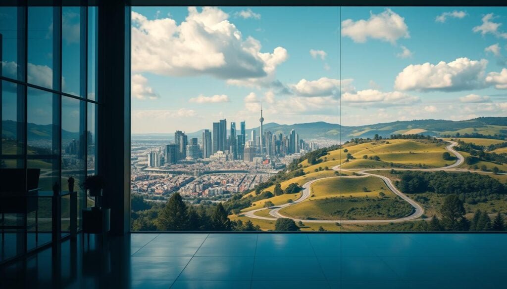 Photorealistic business landscape showcasing the diverse investor ecosystem. In the foreground, a modern office with sleek architecture and floor-to-ceiling windows, bathed in cinematic lighting that casts dramatic shadows. In the middle ground, a bustling city skyline with towering skyscrapers and thriving urban activity. The background depicts a rolling countryside, with lush green hills and winding roads, symbolizing the range of investment opportunities available. The overall scene conveys a sense of dynamism, potential, and the various stages of the startup funding journey. Captured in stunning 8K resolution, this image captures the essence of "Navigating the Investor Landscape" for a startup's funding stages.