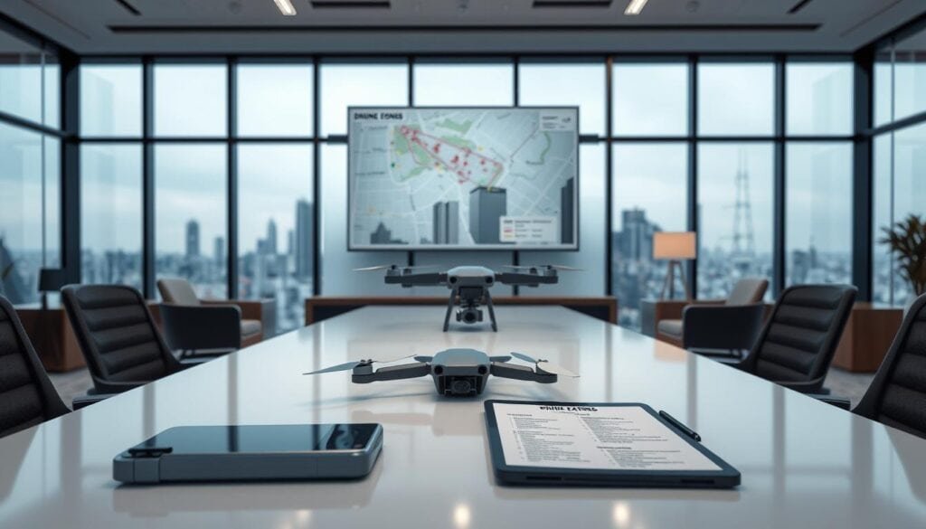 Photorealistic business meeting room with modern office furnishings and cinematic lighting. In the foreground, a clean white desk with a laptop, tablet, and drone controller. On the desk, a drone instruction manual and a tablet displaying a drone flight checklist. In the middle ground, a large wall-mounted display showing a map with drone flight zones and regulations. In the background, floor-to-ceiling windows overlooking a city skyline, creating a sense of professionalism and attention to detail. The overall atmosphere conveys a focus on safety, legality, and careful planning for drone operations. Rendered in 8K resolution. Photorealistic business meeting room with modern office furnishings and cinematic lighting. In the foreground, a clean white desk with a laptop, tablet, and drone controller. On the desk, a drone instruction manual and a tablet displaying a drone flight checklist. In the middle ground, a large wall-mounted display showing a map with drone flight zones and regulations. In the background, floor-to-ceiling windows overlooking a city skyline, creating a sense of professionalism and attention to detail. The overall atmosphere conveys a focus on safety, legality, and careful planning for drone operations. Rendered in 8K resolution.