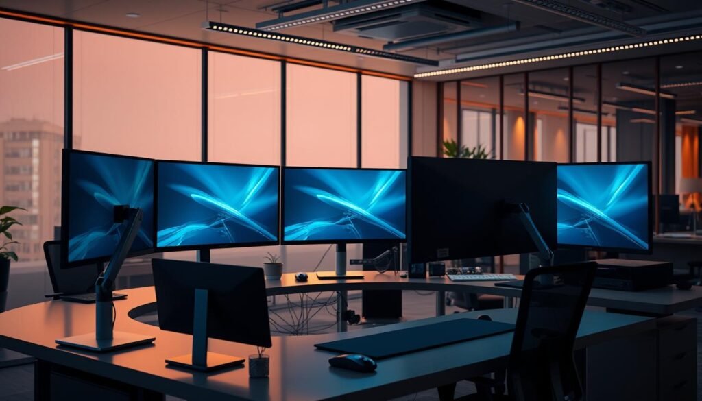 Photorealistic business office interior with an ergonomic multi-monitor setup. A sleek, modern desk with multiple high-resolution displays arranged in a curved configuration, optimizing the user's field of view. Sophisticated cable management system and adjustable monitor arms provide a clutter-free and ergonomic workspace. Soft, cinematic lighting creates a productive and focused atmosphere, with warm tones and strategic shadows. The scene is captured in stunning 8K resolution, showcasing every detail of the thoughtfully designed setup.