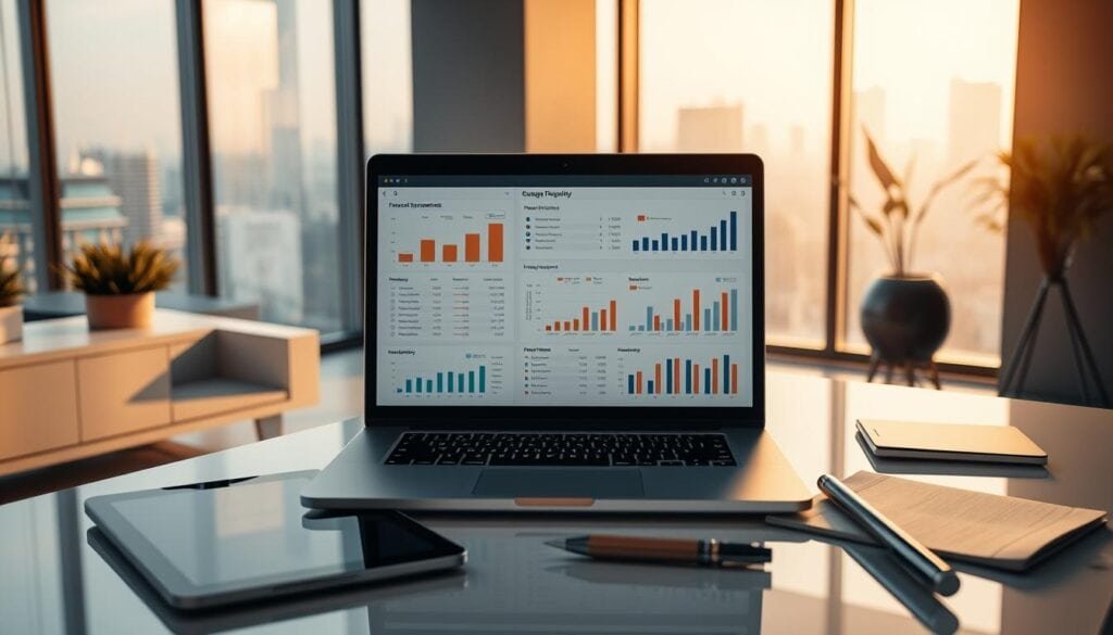 Photorealistic business office with a focus on financial transparency reporting. A modern, well-lit workspace with sleek, minimalist furniture and a large window overlooking a cityscape. On the desk, a laptop displaying financial statements, charts, and graphs, surrounded by a tablet, pen, and other professional tools. The lighting is warm and cinematic, casting a soft glow across the scene. The overall atmosphere conveys a sense of diligence, expertise, and attention to detail in financial reporting.