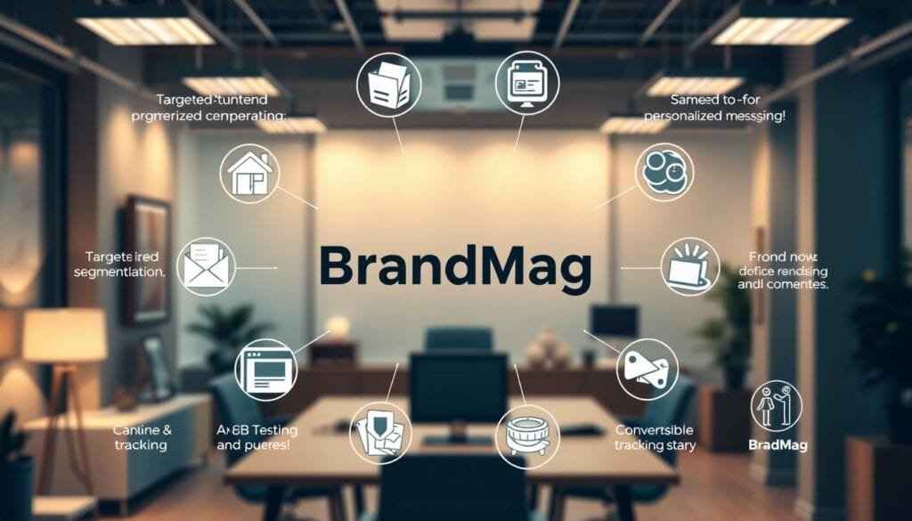 Photorealistic business office with a modern, minimalist design. Cinematic lighting creates a warm, professional atmosphere. In the center, a large "BrandMag" logo is prominently displayed, surrounded by various icons and illustrations representing SMS marketing best practices - targeted segmentation, personalized messaging, A/B testing, conversion tracking, and more. The composition is balanced, with the key elements occupying the middle ground, while the background features blurred office furniture and decor. The overall tone conveys a sense of expertise and attention to detail in SMS marketing strategy. Photorealistic business office with a modern, minimalist design. Cinematic lighting creates a warm, professional atmosphere. In the center, a large "BrandMag" logo is prominently displayed, surrounded by various icons and illustrations representing SMS marketing best practices - targeted segmentation, personalized messaging, A/B testing, conversion tracking, and more. The composition is balanced, with the key elements occupying the middle ground, while the background features blurred office furniture and decor. The overall tone conveys a sense of expertise and attention to detail in SMS marketing strategy.