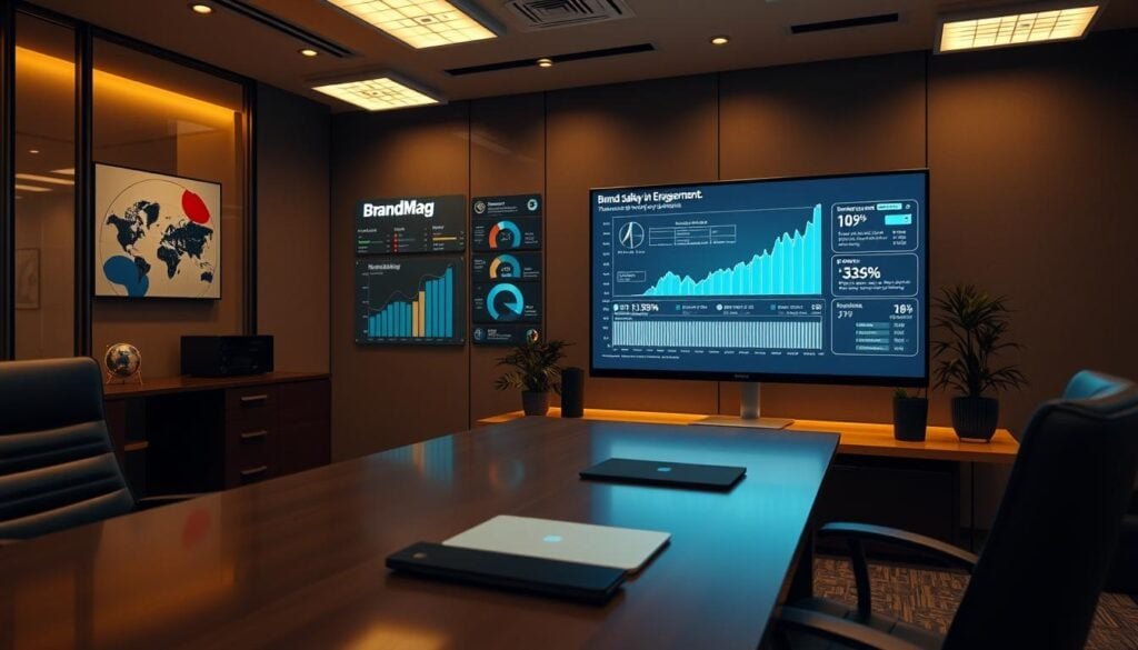 Photorealistic business office with cinematic lighting and modern furnishings. The desk prominently displays a large screen showcasing brand safety and engagement metrics for "BrandMag". Sleek data visualizations and KPIs illuminate the screen, providing a clear overview of the company's performance. The scene is bathed in a warm, inviting glow, conveying a sense of professionalism and attention to detail. The angle captures the desk from a slightly elevated perspective, emphasizing the importance and authority of the data being presented. The overall atmosphere is one of productivity, efficiency, and a commitment to delivering impactful results. Photorealistic business office with cinematic lighting and modern furnishings. The desk prominently displays a large screen showcasing brand safety and engagement metrics for "BrandMag". Sleek data visualizations and KPIs illuminate the screen, providing a clear overview of the company's performance. The scene is bathed in a warm, inviting glow, conveying a sense of professionalism and attention to detail. The angle captures the desk from a slightly elevated perspective, emphasizing the importance and authority of the data being presented. The overall atmosphere is one of productivity, efficiency, and a commitment to delivering impactful results.