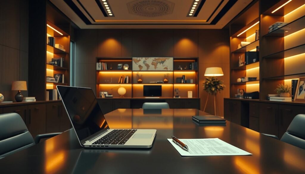 Photorealistic business office with sleek, modern interior design. Warm, cinematic lighting illuminates a neatly organized desk, where a laptop, pen, and notepad sit in anticipation. Shelves of professional books and decor line the walls, creating a sophisticated atmosphere. The scene exudes an air of productivity and thoughtful deliberation, inviting the viewer to imagine the process of crafting a compelling job description. Captured in stunning 8k resolution, this image captures the essence of the "Creating a Compelling Job Description" section. Photorealistic business office with sleek, modern interior design. Warm, cinematic lighting illuminates a neatly organized desk, where a laptop, pen, and notepad sit in anticipation. Shelves of professional books and decor line the walls, creating a sophisticated atmosphere. The scene exudes an air of productivity and thoughtful deliberation, inviting the viewer to imagine the process of crafting a compelling job description. Captured in stunning 8k resolution, this image captures the essence of the "Creating a Compelling Job Description" section.