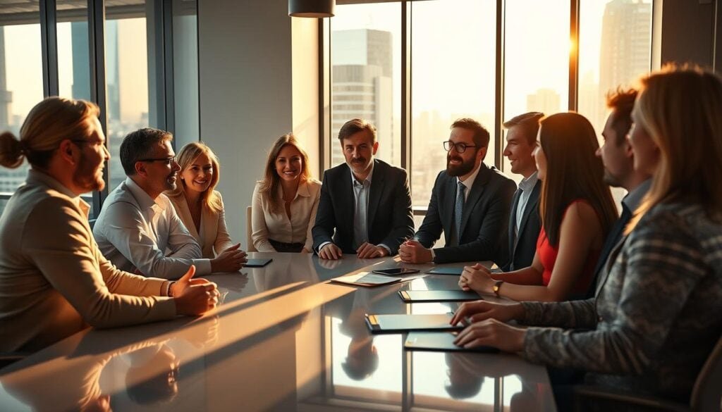 Photorealistic business people gathered around a conference table in a modern, well-lit office setting. The scene is bathed in warm, cinematic lighting that highlights the expressions and body language of the group as they engage in lively discussion. The room has sleek, minimalist decor and large windows overlooking a cityscape. The image conveys a sense of collaboration, decision-making, and community building around a shared purpose. Photorealistic business people gathered around a conference table in a modern, well-lit office setting. The scene is bathed in warm, cinematic lighting that highlights the expressions and body language of the group as they engage in lively discussion. The room has sleek, minimalist decor and large windows overlooking a cityscape. The image conveys a sense of collaboration, decision-making, and community building around a shared purpose.