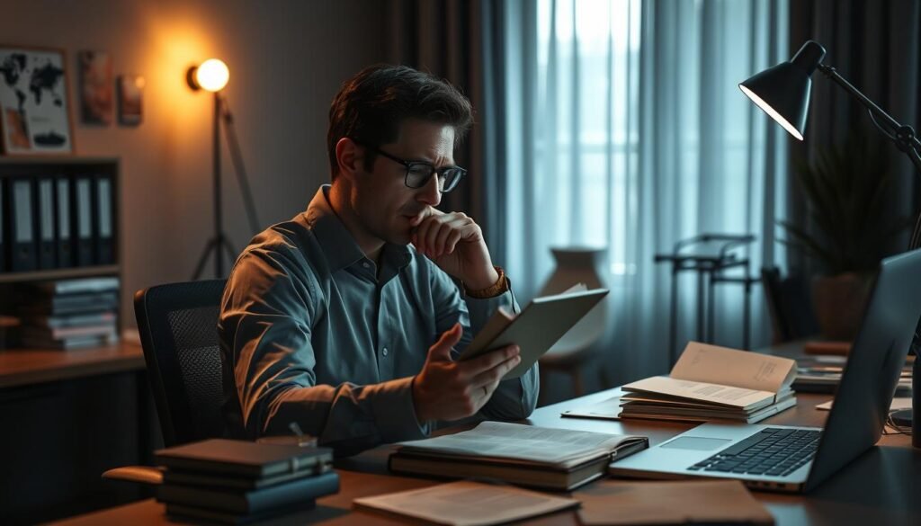 Man reviewing documents at desk.