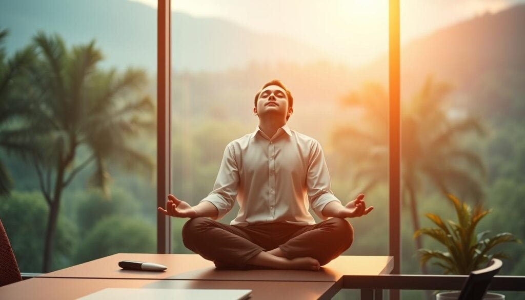 Photorealistic business person sitting cross-legged on a modern office desk, practicing mindful meditation against a cinematic backdrop of serene nature. Warm, soft lighting illuminates the scene, creating a sense of tranquility and focus. The subject's eyes are closed, their expression one of deep contemplation, disconnected from the digital world around them. Subtle hues of green and blue in the background evoke a feeling of rejuvenation and a digital detox from the fast-paced corporate environment. Highly detailed, 8K resolution.
