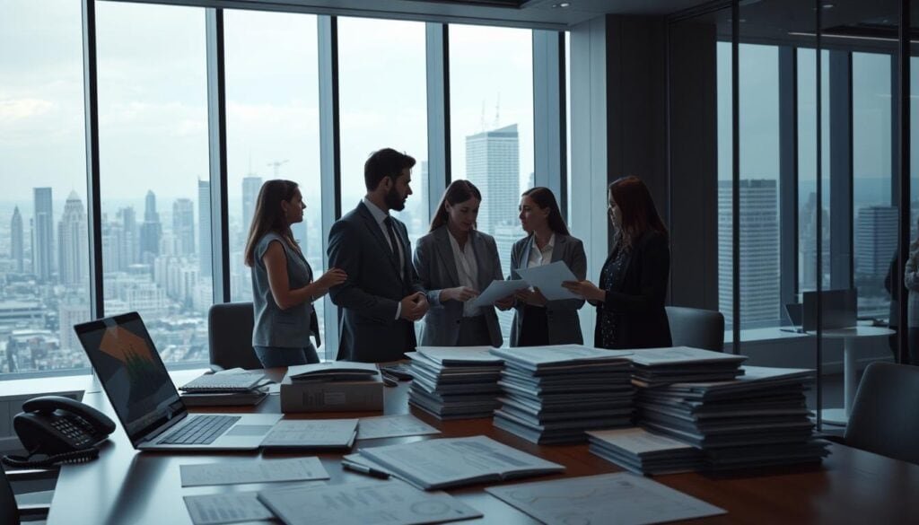 Photorealistic business scene depicting a modern office space with cinematic lighting. The foreground showcases a large desk with a laptop, phone, and stacks of financial documents. In the middle ground, a team of professionals is collaborating, analyzing data and strategizing. The background features floor-to-ceiling windows, offering a panoramic view of a bustling city skyline. The overall atmosphere conveys a sense of focus, productivity, and strategic optimization. Rendered in 8k detail.