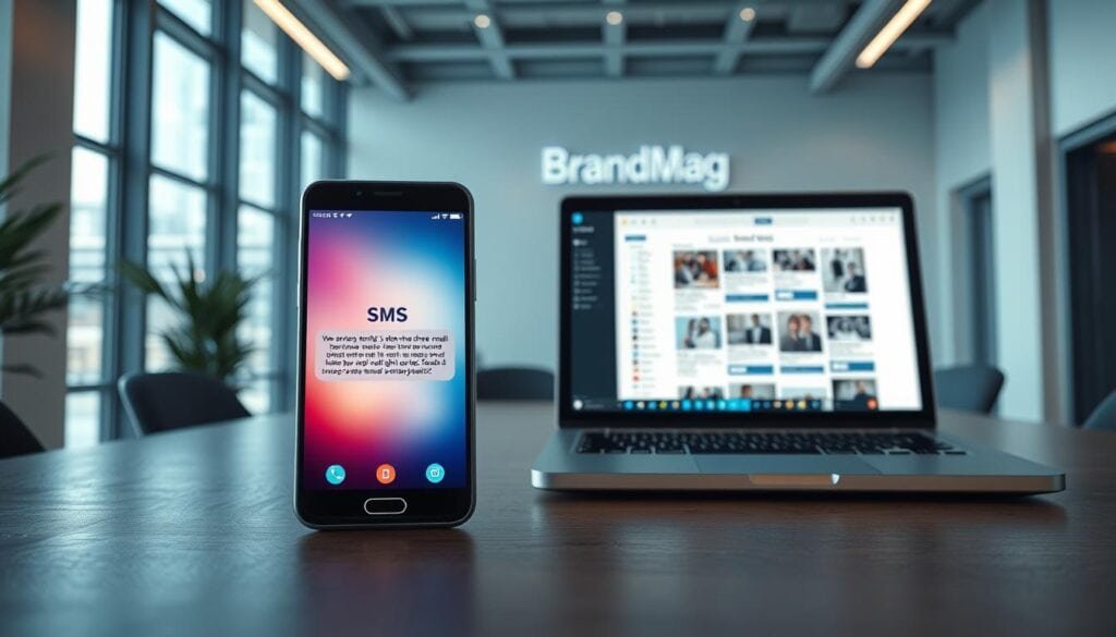 Photorealistic business scene depicting the contrast between SMS and email marketing campaigns. In the foreground, a smartphone displays an SMS message with a sleek, minimalistic design and vibrant colors. In the middle ground, a laptop screen showcases an email campaign with a more cluttered, traditional layout. The background features a modern office setting with clean lines, large windows, and cinematic lighting. The BrandMag logo is prominently displayed, adding a professional touch. Overall, the image conveys the key differentiation between the direct, attention-grabbing nature of SMS versus the more comprehensive, visually-driven email marketing approach. Photorealistic business scene depicting the contrast between SMS and email marketing campaigns. In the foreground, a smartphone displays an SMS message with a sleek, minimalistic design and vibrant colors. In the middle ground, a laptop screen showcases an email campaign with a more cluttered, traditional layout. The background features a modern office setting with clean lines, large windows, and cinematic lighting. The BrandMag logo is prominently displayed, adding a professional touch. Overall, the image conveys the key differentiation between the direct, attention-grabbing nature of SMS versus the more comprehensive, visually-driven email marketing approach.