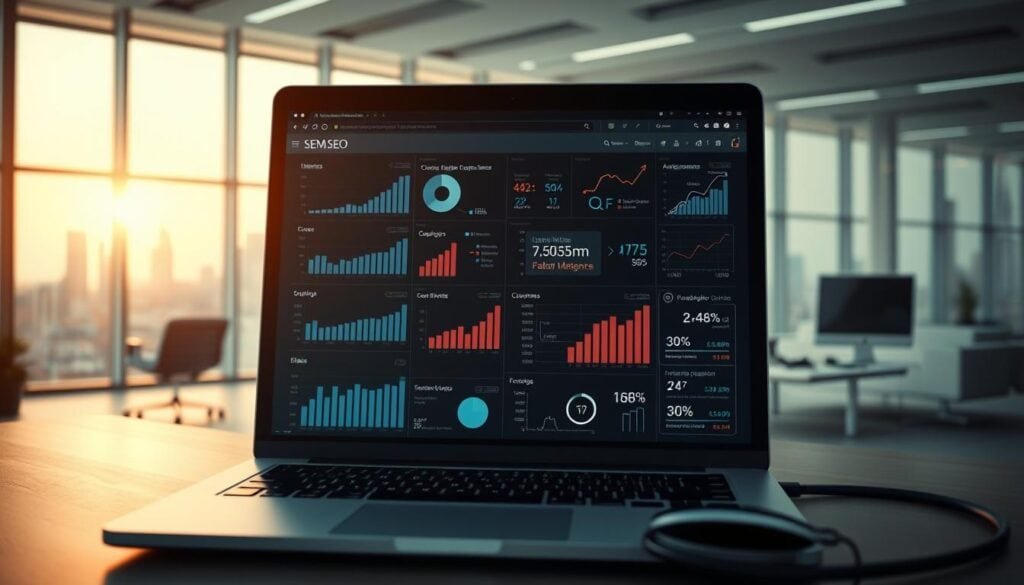 Photorealistic business scene depicting the optimization of search engine results. In the foreground, a laptop screen displaying various SEO metrics and analytics data, backlit by a warm, cinematic lighting setup. The middle ground features a minimalist, modern office environment with sleek furniture and high-tech devices. The background showcases a city skyline, hinting at the global reach and impact of effective search engine optimization. The overall atmosphere is one of professionalism, productivity, and a dedication to digital marketing best practices. Captured in stunning 8K resolution for maximum detail and impact. Photorealistic business scene depicting the optimization of search engine results. In the foreground, a laptop screen displaying various SEO metrics and analytics data, backlit by a warm, cinematic lighting setup. The middle ground features a minimalist, modern office environment with sleek furniture and high-tech devices. The background showcases a city skyline, hinting at the global reach and impact of effective search engine optimization. The overall atmosphere is one of professionalism, productivity, and a dedication to digital marketing best practices. Captured in stunning 8K resolution for maximum detail and impact.