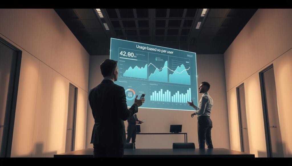 Photorealistic business scene depicting usage-based and per user pricing models. In a modern, minimalist office setting, a large holographic display hovers, showcasing dynamic graphs and charts. Cinematic lighting casts dramatic shadows, illuminating the sleek, high-tech environment. Figures interact with the data, gesturing and studying the visuals intently. The scene conveys a sense of strategic decision-making and financial analysis, capturing the essence of mastering these pricing techniques for SaaS businesses.