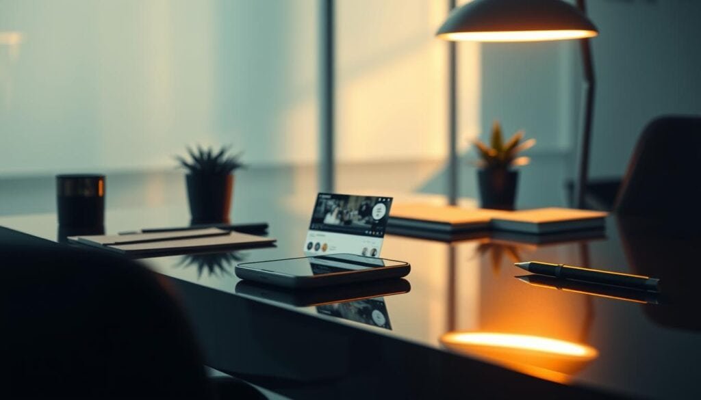 Photorealistic business scene in a modern office setting. Cinematic lighting casts dramatic shadows, illuminating a sleek, minimalist workspace. On a glass desk, a smartphone displays a social media video promotion, its vibrant display reflected in the polished surface. Surrounding the device, office supplies and a potted plant create a composed, professional atmosphere. The overall mood is one of productivity and digital engagement, conveying the essence of video optimization for search engines and social media platforms.