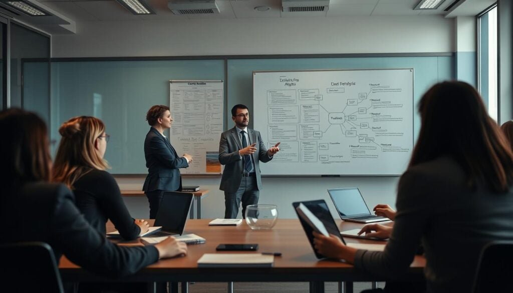 Photorealistic business scene in a modern office setting. Cinematic lighting illuminates a teacher standing at the front of the classroom, engaged in a dynamic lecture on critical analysis techniques. A group of students attentively listen, notepads and laptops open, as the teacher gestures towards a whiteboard filled with diagrams and mind maps. The scene conveys a sense of collaborative learning and intellectual discourse, with the teacher serving as a guiding facilitator. The atmosphere is one of focus and discovery, inviting the viewer to participate in this educational experience. 8k resolution for exceptional detail. Photorealistic business scene in a modern office setting. Cinematic lighting illuminates a teacher standing at the front of the classroom, engaged in a dynamic lecture on critical analysis techniques. A group of students attentively listen, notepads and laptops open, as the teacher gestures towards a whiteboard filled with diagrams and mind maps. The scene conveys a sense of collaborative learning and intellectual discourse, with the teacher serving as a guiding facilitator. The atmosphere is one of focus and discovery, inviting the viewer to participate in this educational experience. 8k resolution for exceptional detail.