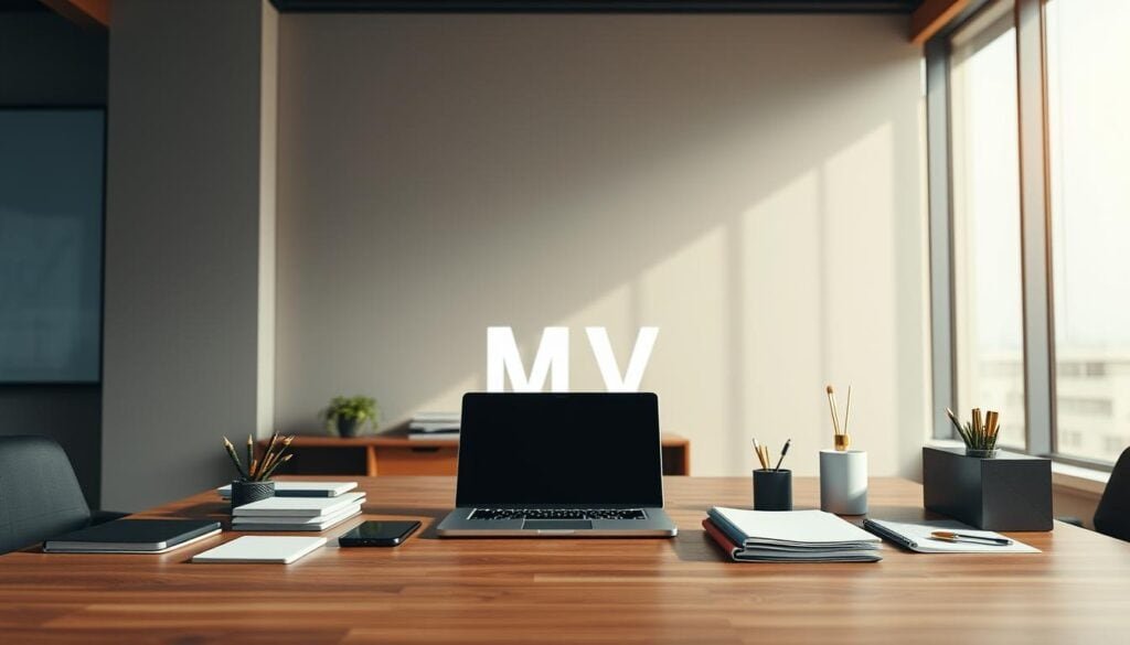 Photorealistic business scene in a modern office setting. Cinematic lighting illuminates a desk displaying a laptop, tablet, and various office supplies, suggesting a product validation MVP presentation. The arrangement conveys a sense of professionalism and attention to detail. The background features neutral-toned walls, providing a clean, minimalist backdrop that allows the product-focused elements to take center stage. The overall atmosphere is one of focus, productivity, and a desire to showcase the MVP's capabilities in a visually striking and impactful manner.