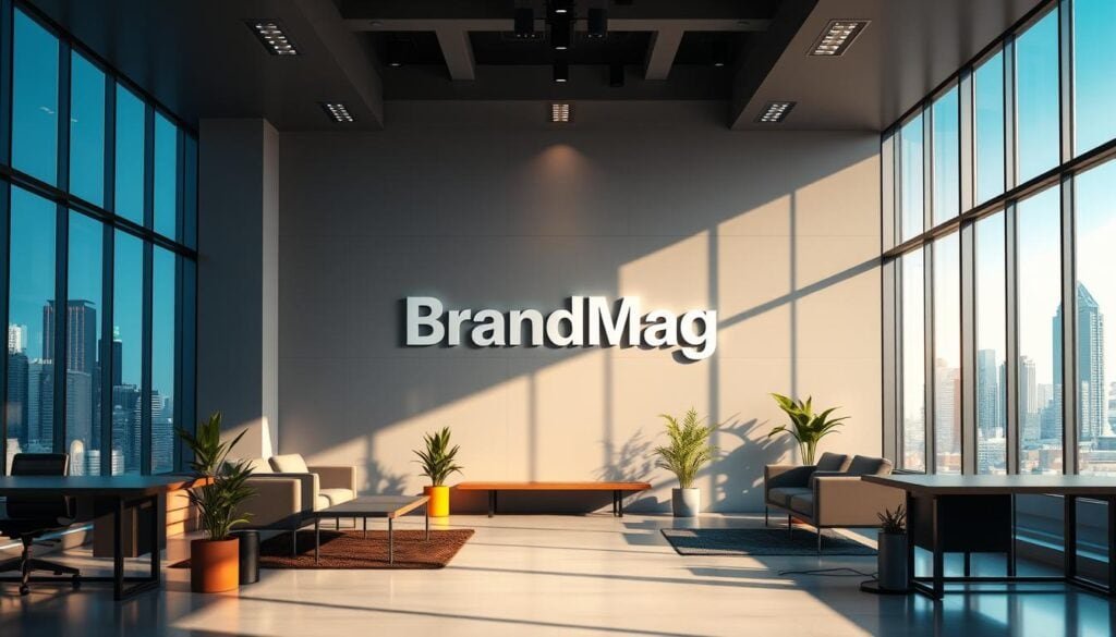Photorealistic business scene of a modern, sleek office interior. Cinematic lighting casts dramatic shadows, illuminating a large wall displaying the "BrandMag" logo in the center. Crisp, high-resolution details reveal a stylish workspace with minimalist furniture, potted plants, and a large window overlooking a vibrant cityscape in the background. The scene conveys a sense of professionalism, innovation, and a focus on brand identity and strategy. Photorealistic business scene of a modern, sleek office interior. Cinematic lighting casts dramatic shadows, illuminating a large wall displaying the "BrandMag" logo in the center. Crisp, high-resolution details reveal a stylish workspace with minimalist furniture, potted plants, and a large window overlooking a vibrant cityscape in the background. The scene conveys a sense of professionalism, innovation, and a focus on brand identity and strategy.