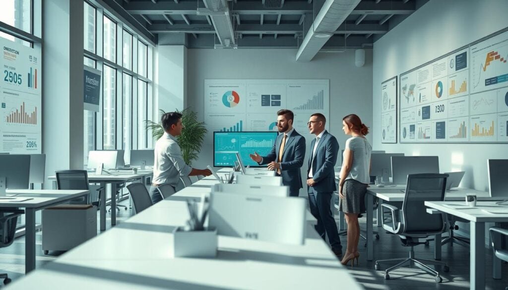 Photorealistic business scene showcasing a modern, well-lit office interior. Sleek desks and chairs arranged in a dynamic layout, with large windows allowing natural light to flood the space. A team of professionals collaborating around a digital display, deep in discussion, their expressions focused and intent. The walls are adorned with infographics and market data visualizations, conveying the strategic insights that drive their consumer-centric approach. Cinematic lighting casts dramatic shadows, lending a sense of weight and gravity to the scene. Rendered in stunning 8K detail, this image captures the essence of harnessing consumer insights to craft unforgettable marketing campaigns. Photorealistic business scene showcasing a modern, well-lit office interior. Sleek desks and chairs arranged in a dynamic layout, with large windows allowing natural light to flood the space. A team of professionals collaborating around a digital display, deep in discussion, their expressions focused and intent. The walls are adorned with infographics and market data visualizations, conveying the strategic insights that drive their consumer-centric approach. Cinematic lighting casts dramatic shadows, lending a sense of weight and gravity to the scene. Rendered in stunning 8K detail, this image captures the essence of harnessing consumer insights to craft unforgettable marketing campaigns.