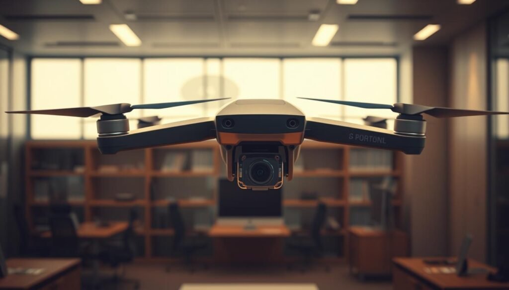 Photorealistic business setting in a modern, minimalist office. Cinematic lighting illuminates a drone camera hovering mid-air, its controls and settings displayed holographically. The camera's lens captures the scene from an aerial perspective, conveying the power and precision of mastering drone photography. Intricate details of the camera's interface and adjustment sliders are visible, inviting the viewer to explore the craft of aerial image-making. The overall atmosphere is one of technological sophistication and creative potential, setting the stage for stunning, high-resolution aerial shots. Photorealistic business setting in a modern, minimalist office. Cinematic lighting illuminates a drone camera hovering mid-air, its controls and settings displayed holographically. The camera's lens captures the scene from an aerial perspective, conveying the power and precision of mastering drone photography. Intricate details of the camera's interface and adjustment sliders are visible, inviting the viewer to explore the craft of aerial image-making. The overall atmosphere is one of technological sophistication and creative potential, setting the stage for stunning, high-resolution aerial shots.