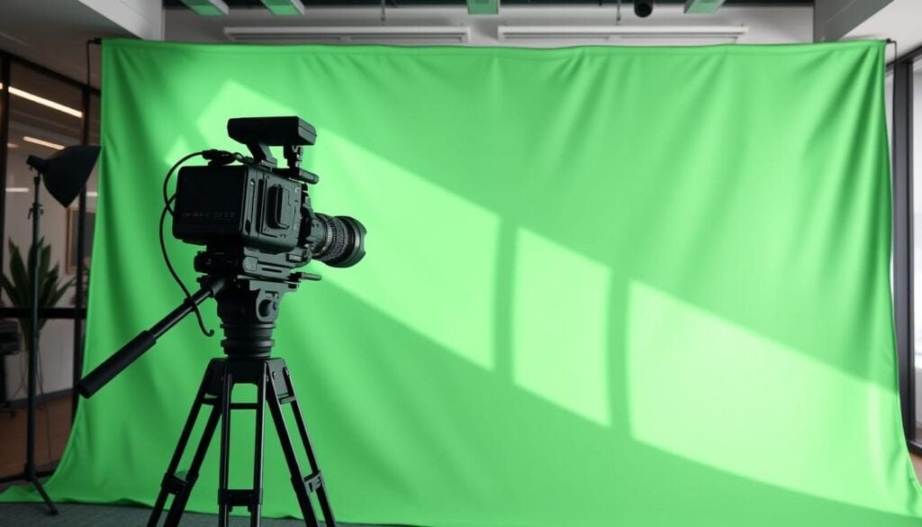 Photorealistic business setup, a seamless green screen backdrop stretches across a modern office space. Cinematic lighting illuminates the scene, with soft shadows and highlights accentuating the smooth, wrinkle-free fabric. The screen is perfectly tensioned, creating an even, distraction-free surface. High-quality camera equipment is positioned on a sturdy tripod, ready to capture professional-grade footage. The atmosphere is one of controlled precision, with every element carefully considered to achieve a flawless, studio-quality result.