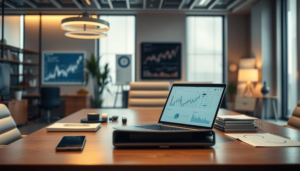 Photorealistic cinematic scene of a modern office interior, with a focused view on an organized desk featuring a laptop, smartphone, and various business analytics charts and graphs. Sleek, minimalist furniture and decor, warm yet focused lighting, shallow depth of field, 8k resolution. The atmosphere conveys a sense of strategic contemplation and revenue optimization. Photorealistic cinematic scene of a modern office interior, with a focused view on an organized desk featuring a laptop, smartphone, and various business analytics charts and graphs. Sleek, minimalist furniture and decor, warm yet focused lighting, shallow depth of field, 8k resolution. The atmosphere conveys a sense of strategic contemplation and revenue optimization.