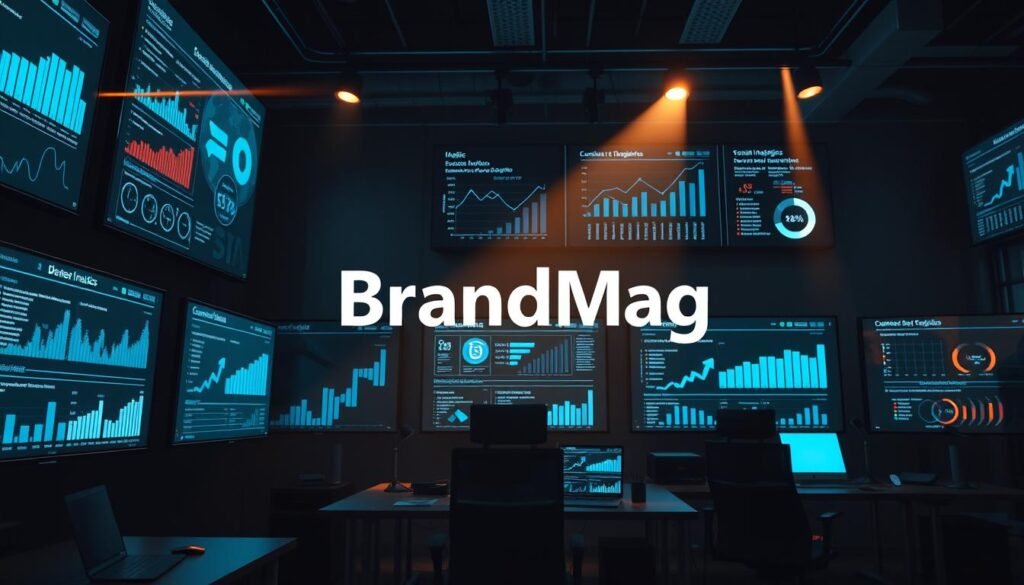 Photorealistic cinematic scene of a modern office workspace, filled with sleek business analytics dashboards and social media engagement metrics displayed on multiple large screens. Dramatic lighting casts dynamic shadows, creating a sense of depth and atmosphere. The BrandMag logo prominently featured in the foreground, with various infographic visualizations and charts showcasing key performance indicators for social media and content marketing. High level of detail, 8k resolution. Photorealistic cinematic scene of a modern office workspace, filled with sleek business analytics dashboards and social media engagement metrics displayed on multiple large screens. Dramatic lighting casts dynamic shadows, creating a sense of depth and atmosphere. The BrandMag logo prominently featured in the foreground, with various infographic visualizations and charts showcasing key performance indicators for social media and content marketing. High level of detail, 8k resolution.