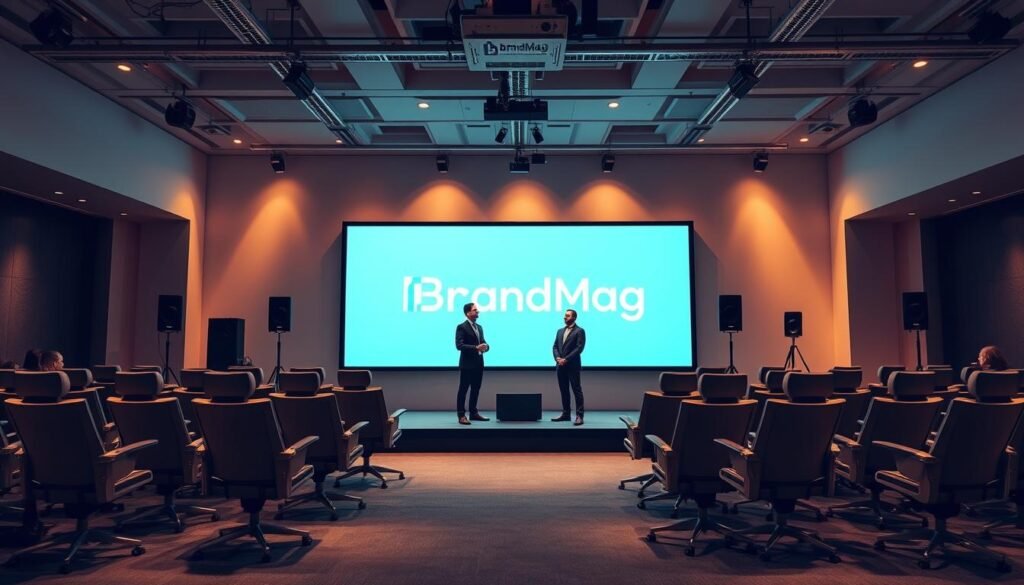 Photorealistic cinematic scene of a modern, well-lit webinar presentation stage in a sleek, minimalist office. The BrandMag logo is prominently displayed on the backdrop. Ergonomic chairs, a large projection screen, and professional audio equipment create an immersive, high-quality experience. Warm, directional lighting illuminates the presenters, who stand confidently, engaging the audience. The overall atmosphere is one of authority, expertise, and digital sophistication. Photorealistic cinematic scene of a modern, well-lit webinar presentation stage in a sleek, minimalist office. The BrandMag logo is prominently displayed on the backdrop. Ergonomic chairs, a large projection screen, and professional audio equipment create an immersive, high-quality experience. Warm, directional lighting illuminates the presenters, who stand confidently, engaging the audience. The overall atmosphere is one of authority, expertise, and digital sophistication.