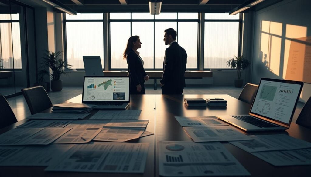 Photorealistic comparison of traditional and lean business plans in a modern office setting. A large desk dominates the foreground, with neatly organized documents and laptops displaying detailed plans. Crisp, cinematic lighting casts dramatic shadows, creating a professional atmosphere. In the middle ground, two business people stand facing each other, engaged in discussion. The background showcases the clean, minimalist office interior with large windows letting in soft, warm natural light. The overall scene conveys a sense of strategy, innovation, and the evolution of modern startups.