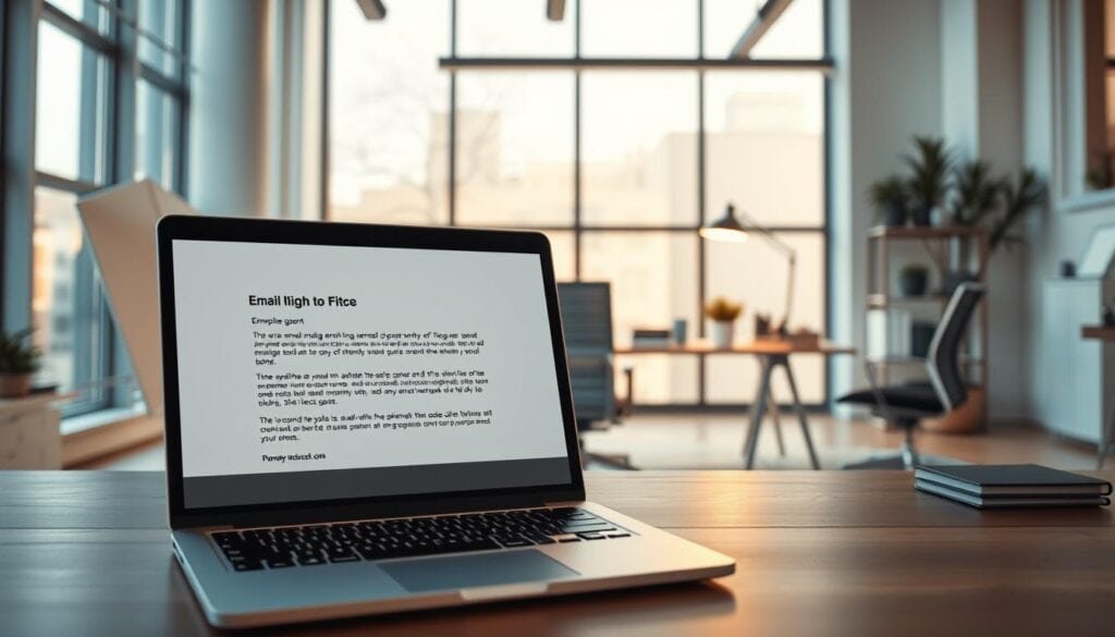 Photorealistic desktop scene of a successful email pitch example, set in a modern, well-lit office. In the foreground, a professional-looking laptop displays an engaging email draft, with clean typography and a compelling subject line. The middle ground showcases a neatly organized workspace, including a minimalist desk, ergonomic chair, and tasteful desk accessories. The background features floor-to-ceiling windows, allowing natural light to flood the space and create a warm, productive atmosphere. The overall composition conveys a sense of efficiency, professionalism, and the successful execution of an impactful email pitch. Cinematic 8k resolution.