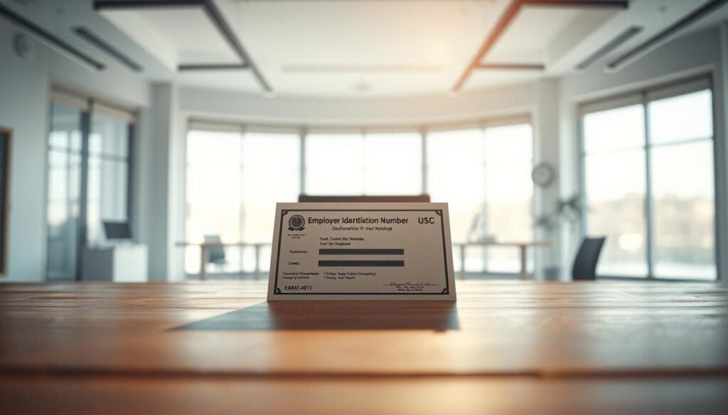 Photorealistic employer identification number documentation on a wooden desk in a modern, well-lit office. The document is placed prominently in the foreground, casting a subtle shadow on the desk's surface. The background features a minimalist, yet stylish office environment with floor-to-ceiling windows, allowing natural light to stream in and create a warm, professional atmosphere. The scene is captured with a cinematic lens, resulting in a depth of field that keeps the document in sharp focus while softening the background elements. The overall mood is one of precision, organization, and attention to detail, perfectly reflecting the legal and regulatory requirements of hiring a new employee. Photorealistic employer identification number documentation on a wooden desk in a modern, well-lit office. The document is placed prominently in the foreground, casting a subtle shadow on the desk's surface. The background features a minimalist, yet stylish office environment with floor-to-ceiling windows, allowing natural light to stream in and create a warm, professional atmosphere. The scene is captured with a cinematic lens, resulting in a depth of field that keeps the document in sharp focus while softening the background elements. The overall mood is one of precision, organization, and attention to detail, perfectly reflecting the legal and regulatory requirements of hiring a new employee.