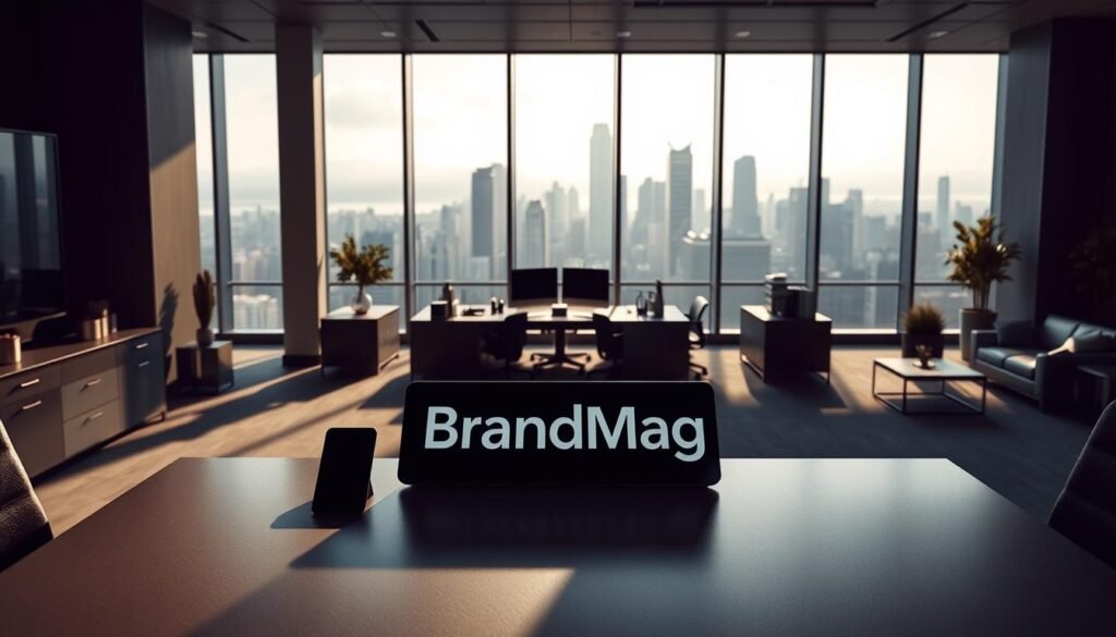 Photorealistic interior of a modern, sleek office space. Cinematic lighting casts dramatic shadows, creating a sense of depth and atmosphere. In the foreground, a large desk with the BrandMag logo prominently displayed. On the desk, a tablet and smartphone, symbolizing the impact of privacy regulations on digital advertising. The middle ground features various office furniture and decor, conveying a professional, business-centric environment. The background showcases floor-to-ceiling windows, offering a panoramic view of a bustling city skyline. The overall mood is one of sophistication and innovation, reflecting the article's focus on the evolving landscape of contextual advertising in a privacy-first world. Photorealistic interior of a modern, sleek office space. Cinematic lighting casts dramatic shadows, creating a sense of depth and atmosphere. In the foreground, a large desk with the BrandMag logo prominently displayed. On the desk, a tablet and smartphone, symbolizing the impact of privacy regulations on digital advertising. The middle ground features various office furniture and decor, conveying a professional, business-centric environment. The background showcases floor-to-ceiling windows, offering a panoramic view of a bustling city skyline. The overall mood is one of sophistication and innovation, reflecting the article's focus on the evolving landscape of contextual advertising in a privacy-first world.