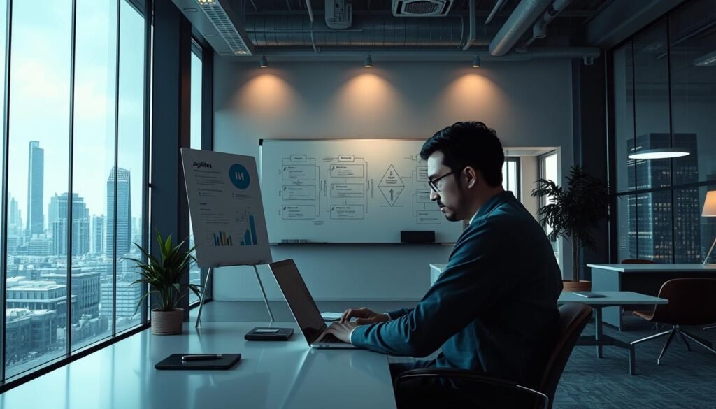 Photorealistic modern office setting, bathed in cinematic lighting and filled with the tools of digital transformation. In the foreground, a remote worker intently focused on their laptop, surrounded by sleek, minimalist furniture. The middle ground features a whiteboard adorned with agile methodology diagrams, conveying the collaborative nature of remote work. In the background, towering windows reveal a vibrant cityscape, symbolizing the global reach and connectivity enabled by digital transformation. The scene exudes a sense of progress, efficiency, and the evolution of the entrepreneurial landscape. 8k detail.