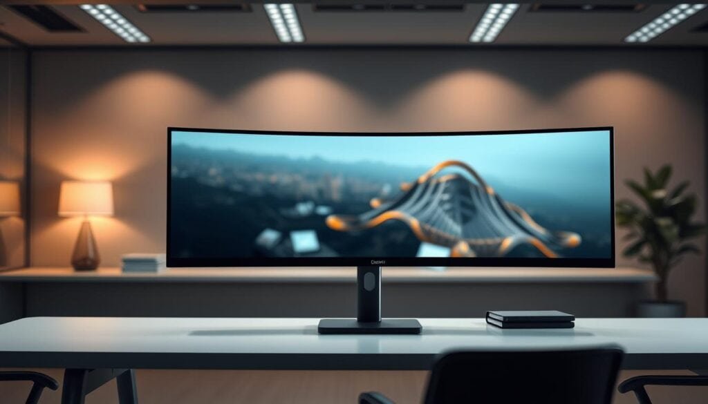 Photorealistic, modern office setting with a large, ultrawide monitor prominently displayed on a sleek, minimalist desk. The monitor takes up a significant portion of the frame, showcasing its expansive screen real estate. Soft, cinematic lighting illuminates the scene, creating a professional and productive atmosphere. The background is slightly blurred, focusing the viewer's attention on the monitor's advantages - increased workspace, enhanced productivity, and an immersive viewing experience. The image conveys the power and efficiency of an ultrawide monitor in a corporate or creative work environment.