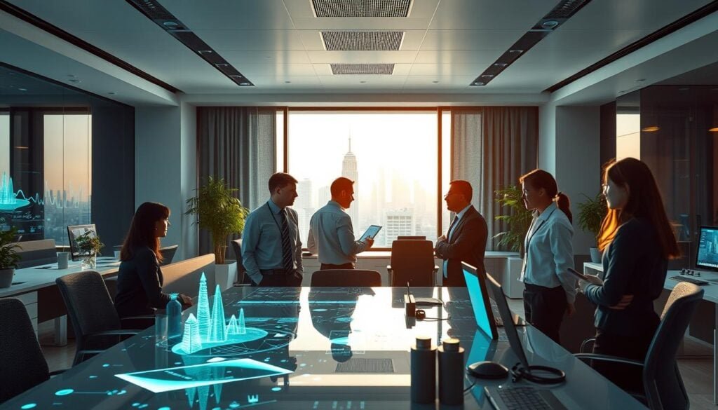 Photorealistic modern office setting with cinematic lighting, showcasing a sleek and innovative "BrandMag" workspace. In the foreground, a team of professionals collaborates on renewable energy solutions, with holographic displays and cutting-edge technology. The middle ground features a large window overlooking a cityscape, reflecting the sustainable ethos of the company. The background is filled with clean, minimalist design elements, conveying a sense of efficiency and environmental consciousness. The overall atmosphere is one of progress, innovation, and a commitment to a greener future. 8k resolution.