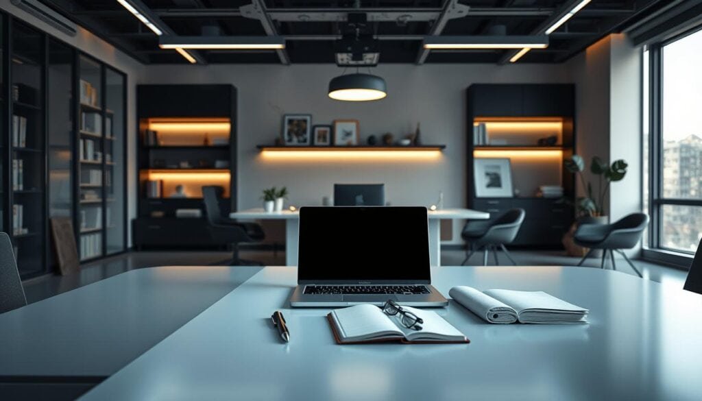 Photorealistic modern office setting with cinematic lighting, showcasing a sleek, minimalist workspace. A central desk features a stylish laptop, a pen, and a notebook, hinting at the process of crafting compelling AI-generated captions. The background features modern office furnishings, including shelves with books and decor, creating a professional and inspirational atmosphere. The overall scene conveys a sense of creativity, productivity, and the potential of AI-powered caption creation. Shot in 8K resolution for maximum detail and clarity. Photorealistic modern office setting with cinematic lighting, showcasing a sleek, minimalist workspace. A central desk features a stylish laptop, a pen, and a notebook, hinting at the process of crafting compelling AI-generated captions. The background features modern office furnishings, including shelves with books and decor, creating a professional and inspirational atmosphere. The overall scene conveys a sense of creativity, productivity, and the potential of AI-powered caption creation. Shot in 8K resolution for maximum detail and clarity.