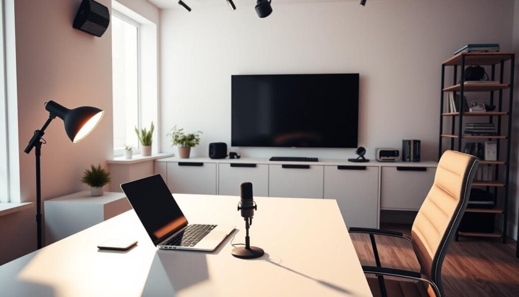 Photorealistic modern office setup, featuring a sleek and organized YouTube Studio workspace. The scene showcases a minimalist desk with a high-end laptop, professional microphone, and a clean, clutter-free environment. Soft, cinematic lighting illuminates the space, creating a warm and inviting atmosphere. The room is bathed in a gentle glow, with strategically placed shadows adding depth and dimension. The overall impression is one of a well-appointed, professional studio, ready to capture high-quality content for monetization on YouTube. Photorealistic modern office setup, featuring a sleek and organized YouTube Studio workspace. The scene showcases a minimalist desk with a high-end laptop, professional microphone, and a clean, clutter-free environment. Soft, cinematic lighting illuminates the space, creating a warm and inviting atmosphere. The room is bathed in a gentle glow, with strategically placed shadows adding depth and dimension. The overall impression is one of a well-appointed, professional studio, ready to capture high-quality content for monetization on YouTube.
