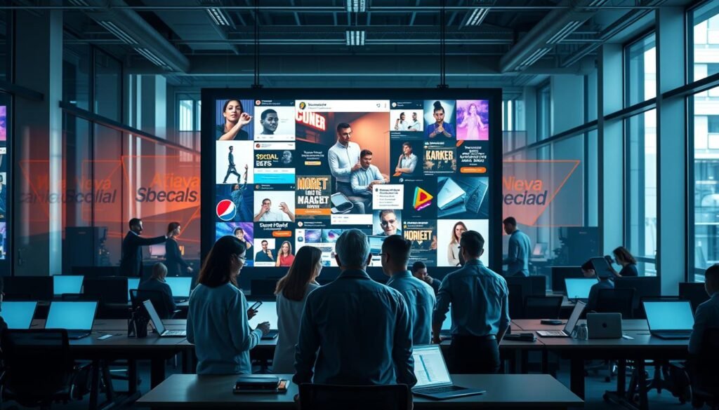 Photorealistic modern office space, bustling with employees engaged in social media campaigns. Cinematic lighting casts dramatic shadows, highlighting a central display showcasing vibrant social media posts and viral hashtag trends. In the foreground, a team strategizes around a large touchscreen, brainstorming their next impactful online campaign. The background features rows of desks, each with a laptop and smartphone, signifying the integrated nature of social media in the business workflow. The overall scene conveys the power and dynamism of digital marketing in the 21st century. 8k resolution. Photorealistic modern office space, bustling with employees engaged in social media campaigns. Cinematic lighting casts dramatic shadows, highlighting a central display showcasing vibrant social media posts and viral hashtag trends. In the foreground, a team strategizes around a large touchscreen, brainstorming their next impactful online campaign. The background features rows of desks, each with a laptop and smartphone, signifying the integrated nature of social media in the business workflow. The overall scene conveys the power and dynamism of digital marketing in the 21st century. 8k resolution.