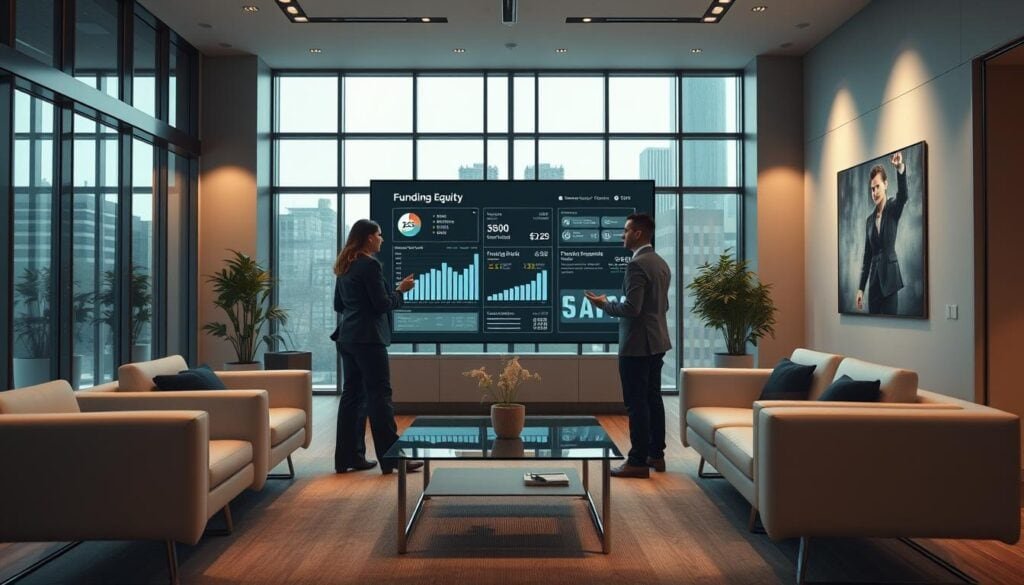 Photorealistic modern office space with cinematic lighting and a focus on funding equity and resource support. The scene depicts a well-appointed conference room with sleek furniture, large windows, and a minimalist design aesthetic. In the center, a group of professionals are engaged in a collaborative discussion, gesturing towards a digital display showcasing financial data and investment opportunities. The atmosphere conveys a sense of professionalism, innovation, and a commitment to empowering startup growth through strategic funding and resource allocation. The overall composition is balanced, with a clean and sophisticated aesthetic that aligns with the article's subject matter.