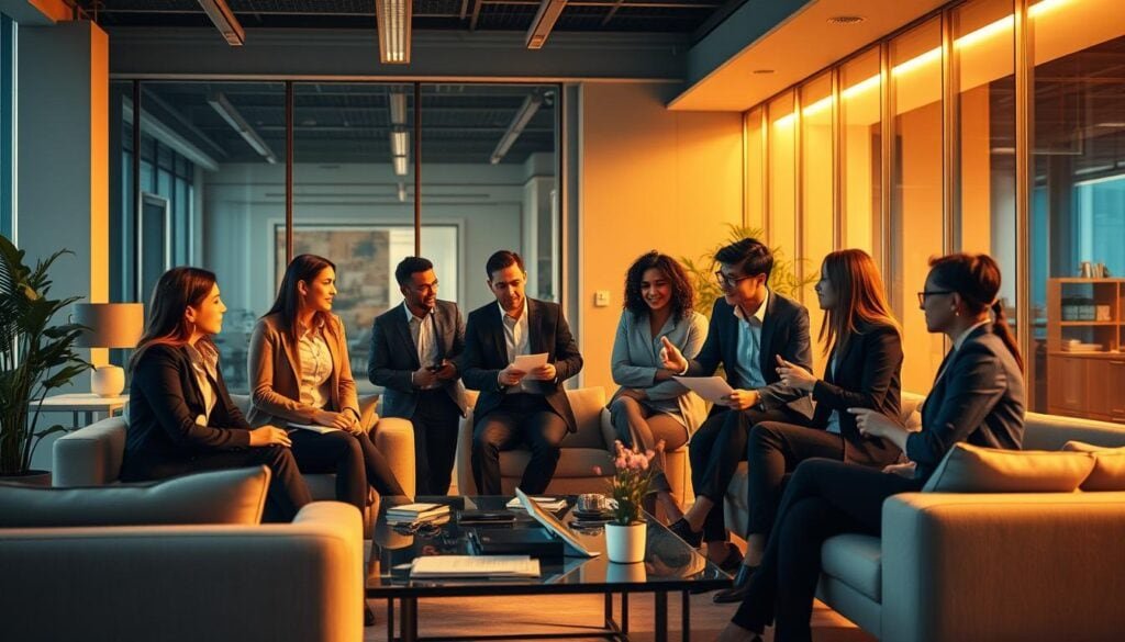 Photorealistic modern office space with cinematic lighting. A diverse team of professionals working collaboratively, engaged in lively discussion and strategizing. Warm tones illuminate the scene, conveying a sense of productive energy and unity. Sleek, minimalist furniture and clean lines create a sophisticated, high-tech atmosphere. The team members, dressed in business attire, exude confidence and leadership, their body language and facial expressions reflecting a shared sense of purpose. An 8K resolution captures every nuance, creating a vivid, immersive visual that embodies the traits of a successful, well-coordinated team. Photorealistic modern office space with cinematic lighting. A diverse team of professionals working collaboratively, engaged in lively discussion and strategizing. Warm tones illuminate the scene, conveying a sense of productive energy and unity. Sleek, minimalist furniture and clean lines create a sophisticated, high-tech atmosphere. The team members, dressed in business attire, exude confidence and leadership, their body language and facial expressions reflecting a shared sense of purpose. An 8K resolution captures every nuance, creating a vivid, immersive visual that embodies the traits of a successful, well-coordinated team.