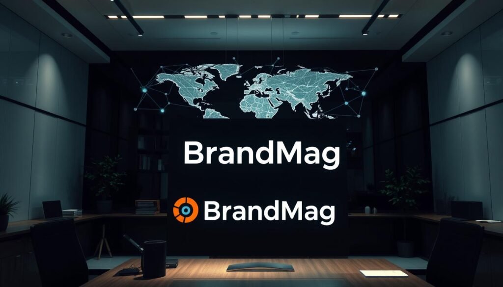 Photorealistic modern office space with sleek, minimalist design. Cinematic lighting casts dramatic shadows, illuminating a stylized world map and intricately connected communication lines. In the foreground, the BrandMag logo is prominently displayed on a high-resolution display, showcasing innovative referral tracking tactics. The scene conveys a sense of cutting-edge technology, efficient workflow, and a focus on data-driven communication strategies. Photorealistic modern office space with sleek, minimalist design. Cinematic lighting casts dramatic shadows, illuminating a stylized world map and intricately connected communication lines. In the foreground, the BrandMag logo is prominently displayed on a high-resolution display, showcasing innovative referral tracking tactics. The scene conveys a sense of cutting-edge technology, efficient workflow, and a focus on data-driven communication strategies.