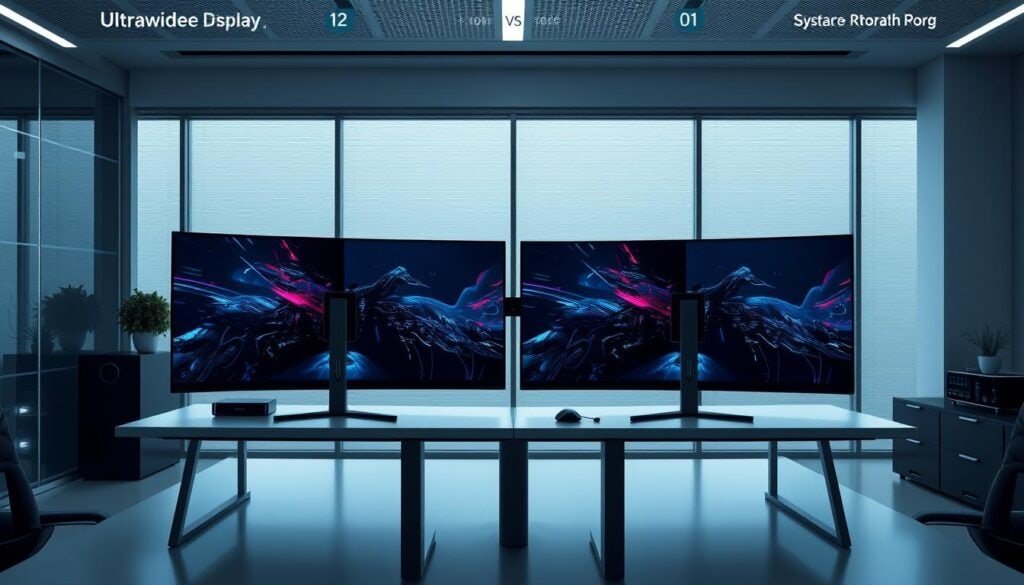 Photorealistic modern office with cinematic lighting, showcasing a gaming setup with two large high-resolution monitors mounted on a sleek, minimalist desk. The setup features an ultrawide curved display and a dual-monitor configuration, allowing for a comprehensive comparison of the two setups in the context of gaming and streaming. The scene is captured in 8K resolution, highlighting the crisp details and the contrast between the sleek hardware and the professional, business-like environment.