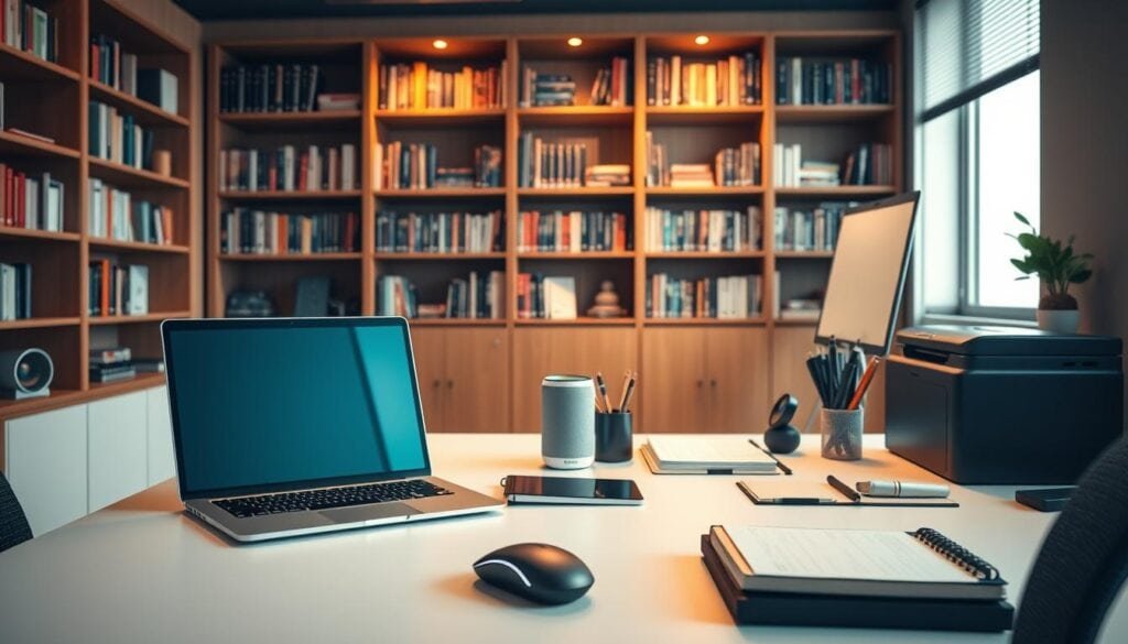 Photorealistic modern office workspace with an array of sleek, cutting-edge productivity tools. In the foreground, a minimalist desk features a stylish laptop, a high-tech wireless mouse, and a neatly organized collection of stationery. Framing the desk, a large monitor and a tablet computer stand ready to assist in time management and task organization. The middle ground showcases a sophisticated smart speaker, a compact printer, and a well-designed agenda planner. In the background, bookcases filled with inspiring self-improvement titles create a warm, focused atmosphere, illuminated by cinematic studio lighting. The overall scene conveys a sense of efficiency, professionalism, and a dedication to optimizing daily productivity.