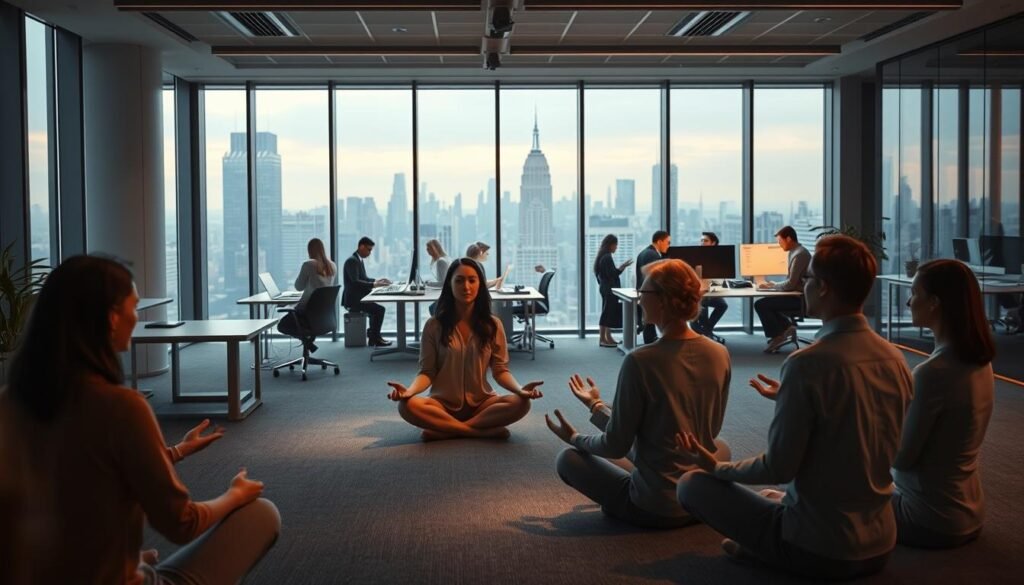 Mindfulness meditation group session in modern office overlooking city skyline.