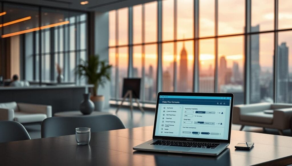 Prompt A modern, well-lit office space with sleek, minimalist furniture. On a desk in the foreground, a laptop displays an array of video file formats and optimization settings. The background features a large, floor-to-ceiling window overlooking a vibrant cityscape, bathed in a warm, cinematic lighting. The scene conveys a sense of productivity and professionalism, highlighting the importance of video file optimization for effective search engine optimization.