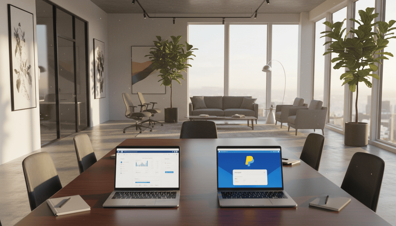 Bright office with large windows and seating area.