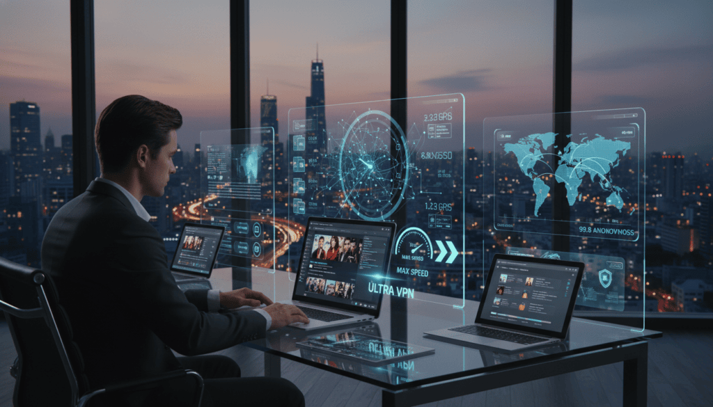 High-tech digital workspace with holograms.